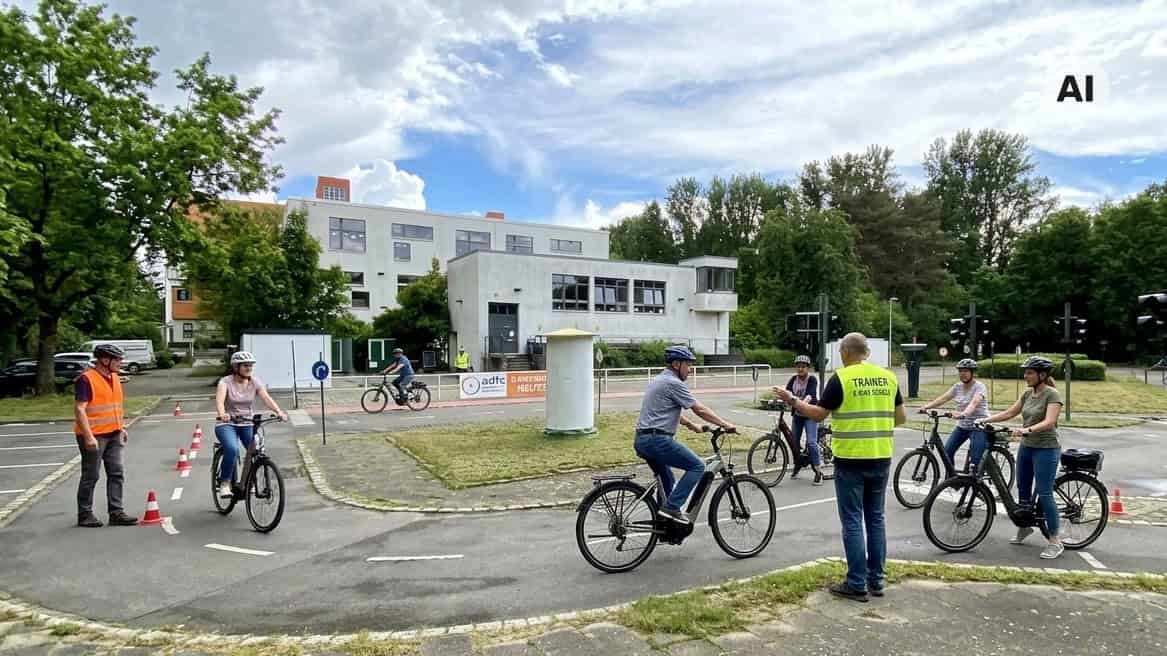 Mehrere Erwachsene mit Fahrradhelmen fahren auf E-Bikes über einen Verkehrsübungsplatz mit Ampeln und Pylonen, in der Mitte gibt ein Trainer in gelber Warnweste Anweisungen, im Hintergrund ein weißes Flachdachgebäude und Bäume