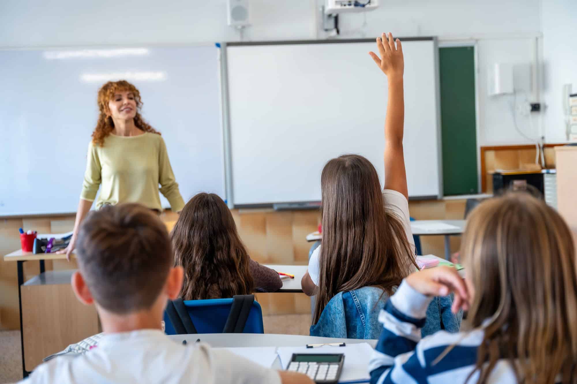 Blick von hinten in ein Klassenzimmer: Eine Lehrerin steht vor der Tafel, eine Schülerin meldet sich mit erhobener Hand.