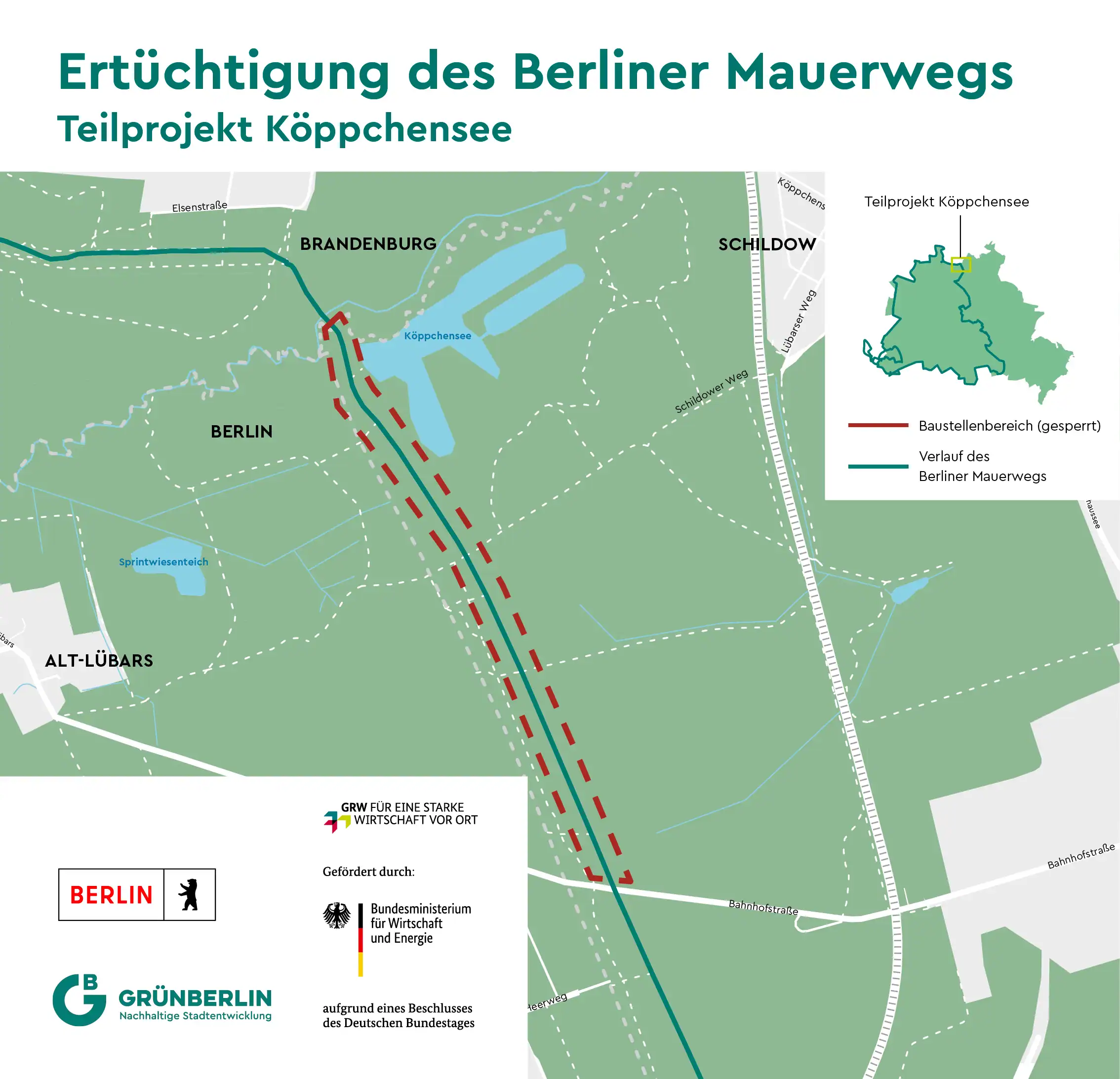 Lageplan des Teilprojekts Köppchensee: Der Mauerweg führt vom Köppchensee nach Süden, ein rot gestrichelter Baustellenbereich reicht bis zur Bahnhofstraße, westlich liegt Alt-Lübars.