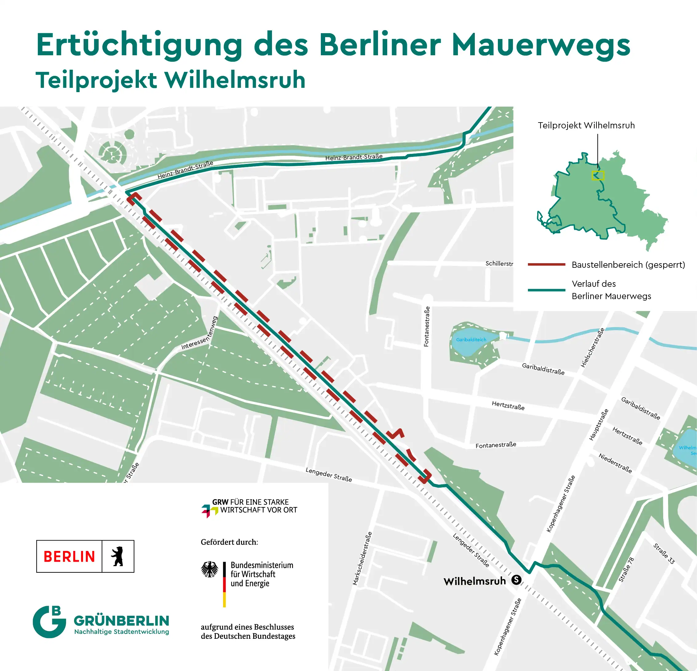 Lageplan des Teilprojekts Wilhelmsruh: Der Mauerweg verläuft entlang der Bahngleise, ein rot gestrichelter Baustellenbereich reicht von der Heinz-Brandt-Straße bis zur Lengeder Straße nahe dem S-Bahnhof Wilhelmsruh.